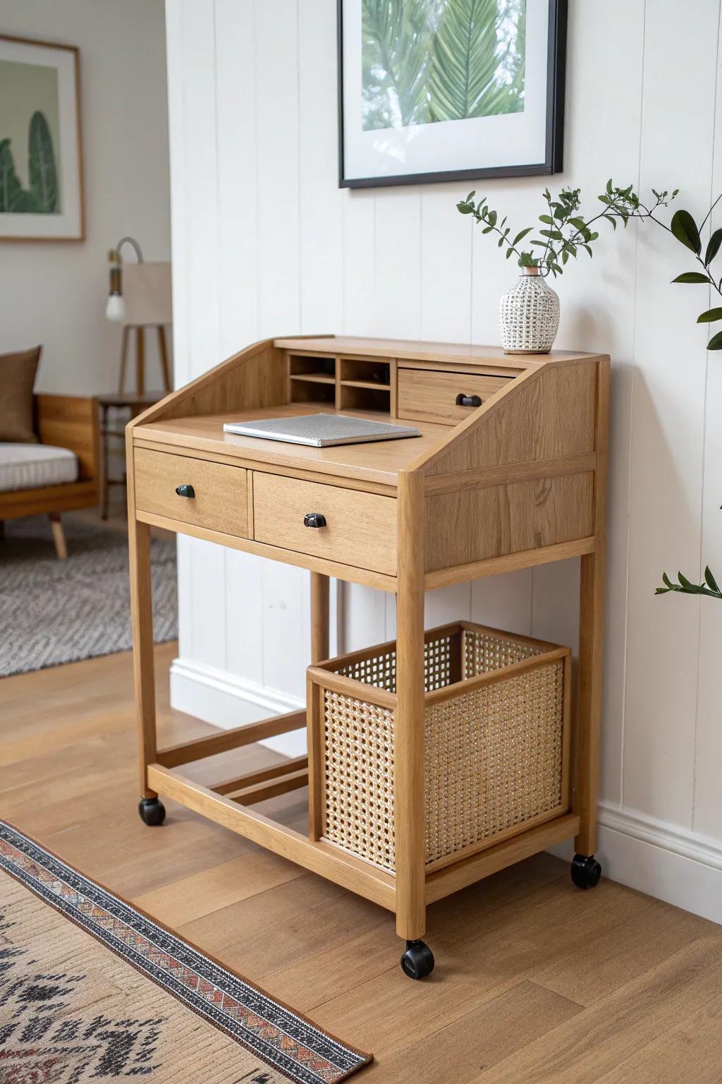 A slim rolling desk that hugs the wall, then glides to the best window light in seconds.