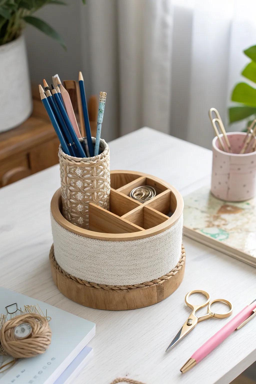 Spin into order: a chic rotating supply bar that turns desk essentials into decor.