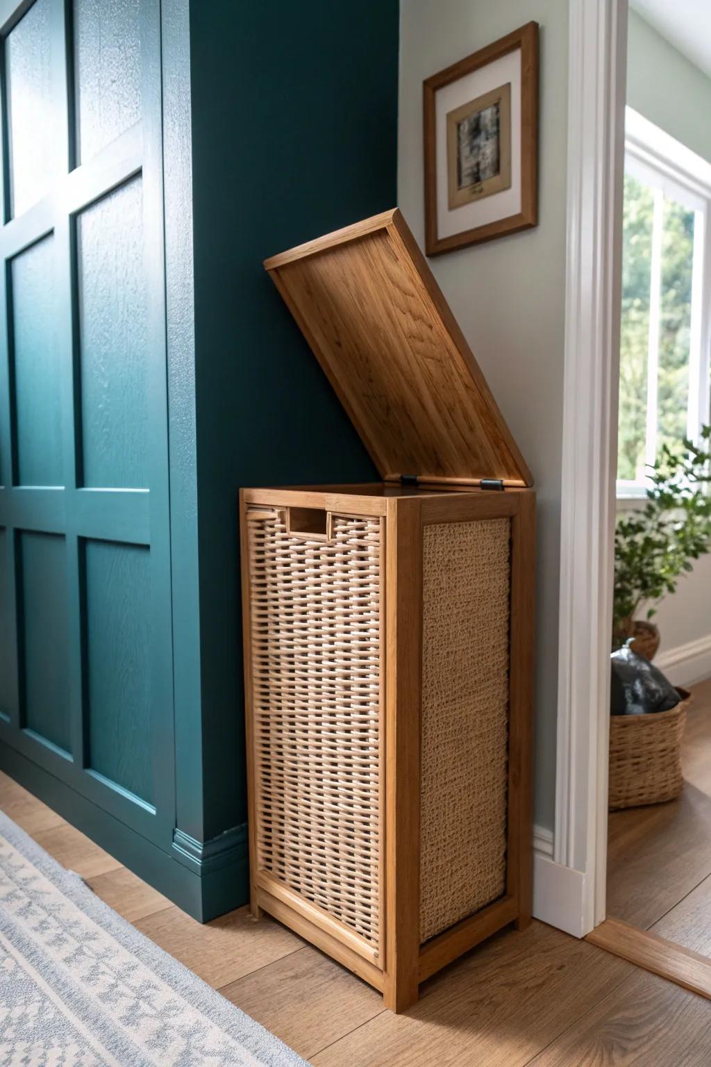 Secret hinged wall panel reveals a slim rattan hamper—laundry hidden in plain sight.