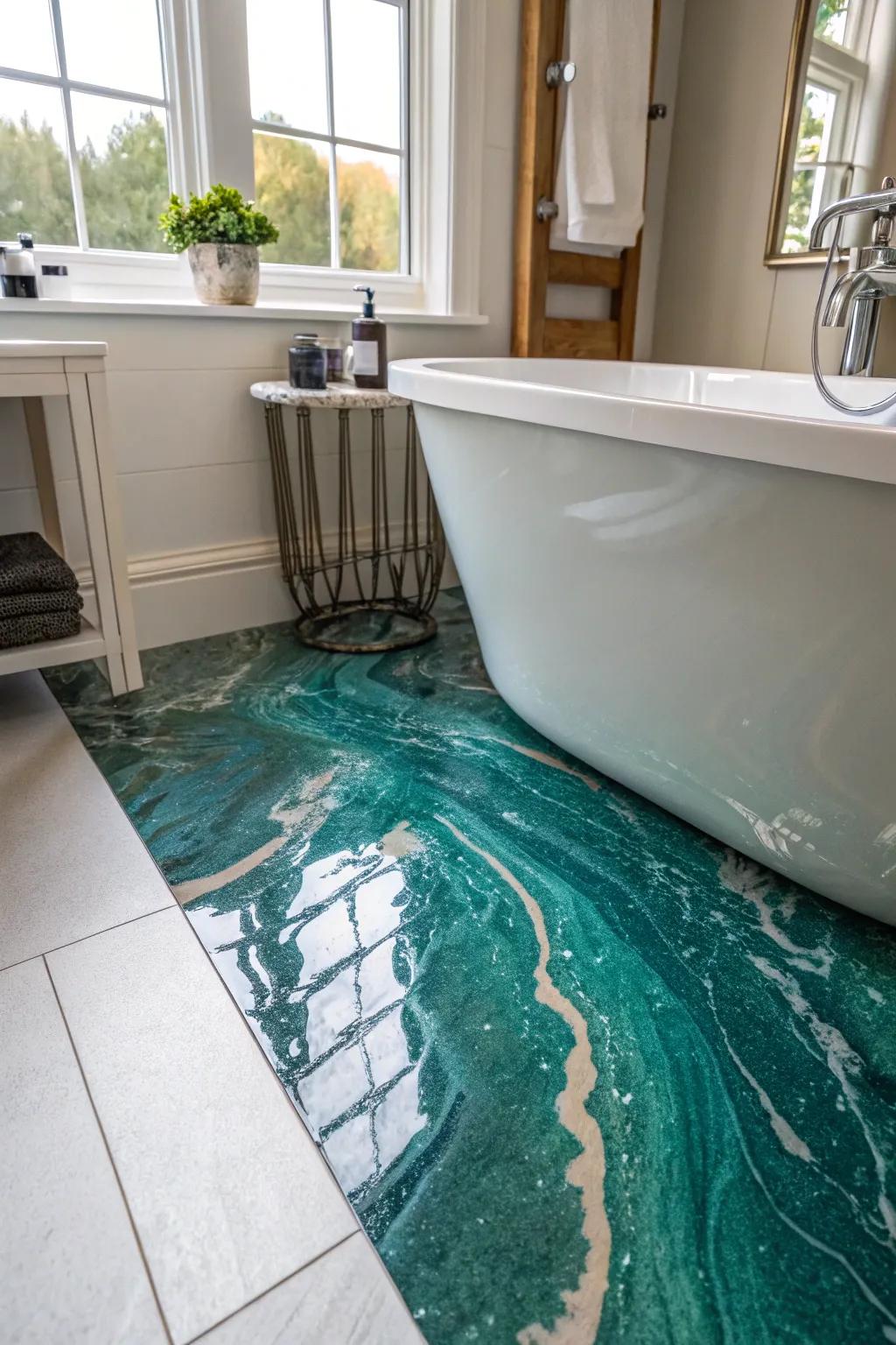 Transform your bathroom into a modern sanctuary with a stunning epoxy floor coating, where minimalist design meets bold color elegance.