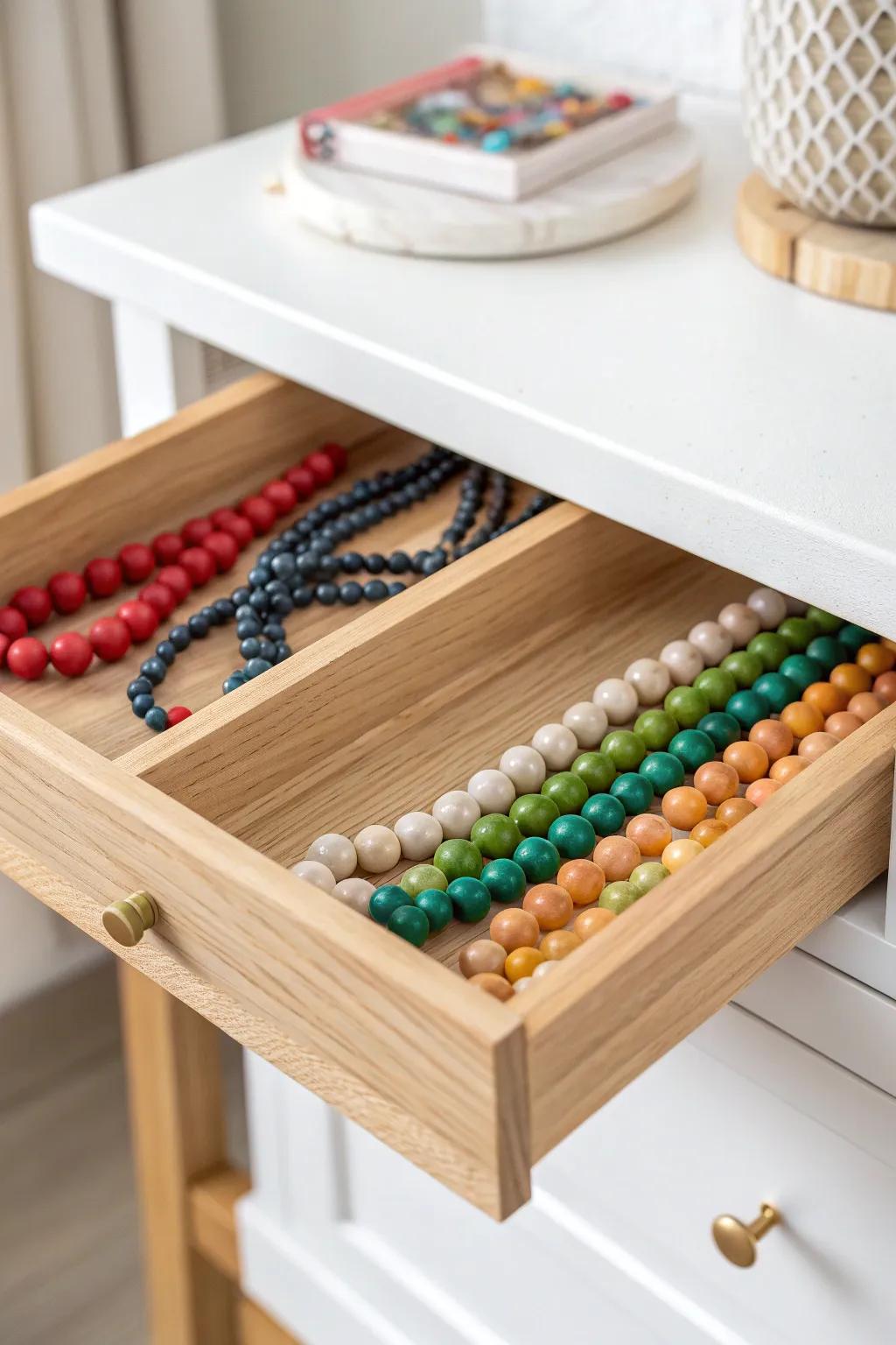 Hidden under-shelf bead tray DIY: a cutting board slide that keeps tiny treasures sorted.