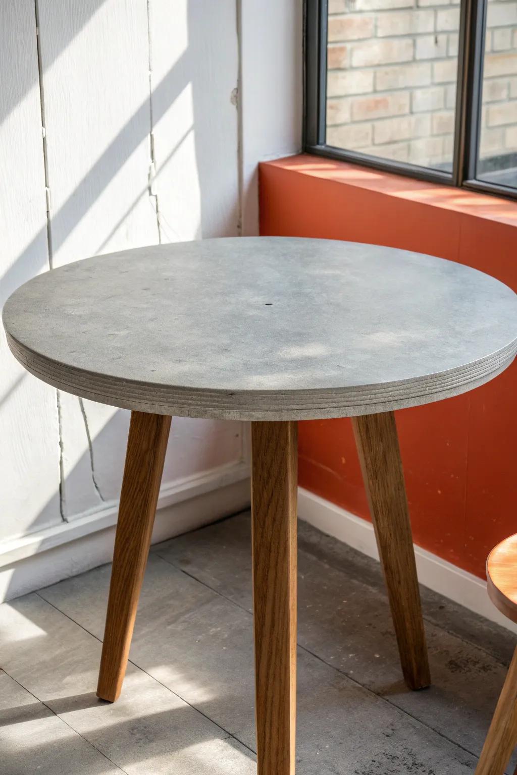 Fake a smooth concrete tabletop—modern, cozy with oak, and great at hiding daily wear.