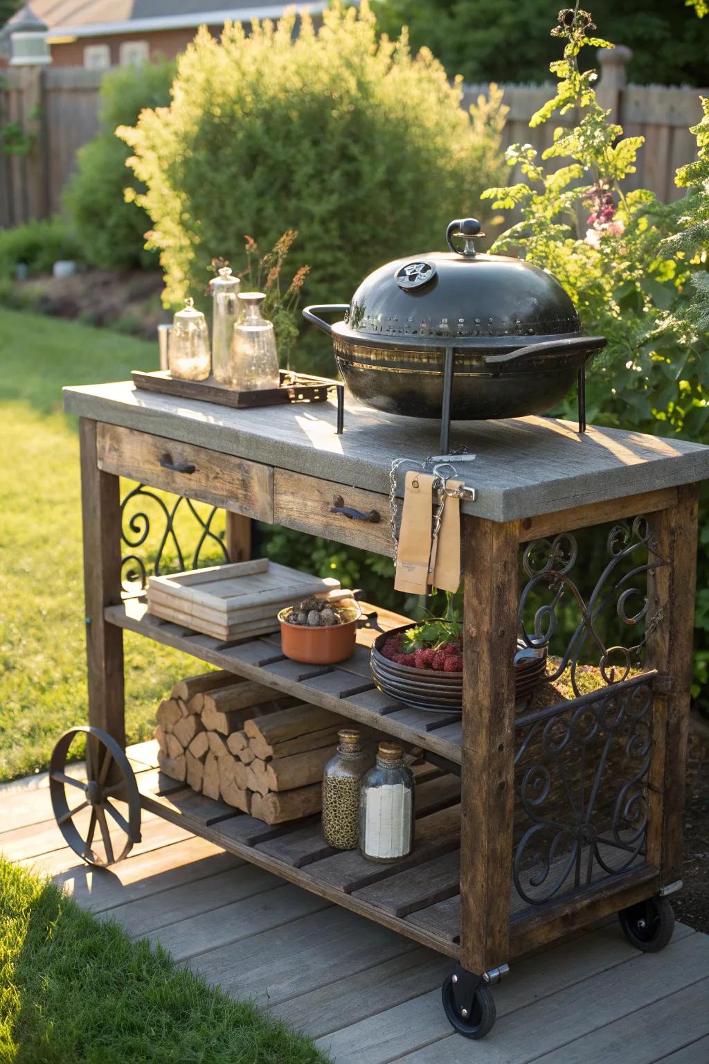 Elevate your outdoor cooking experience with a vintage trolley grill cart that blends charm and utility seamlessly.
