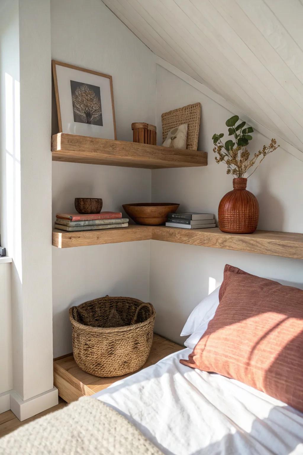 A high wraparound ceiling shelf adds storage without stealing a single inch of floor space.