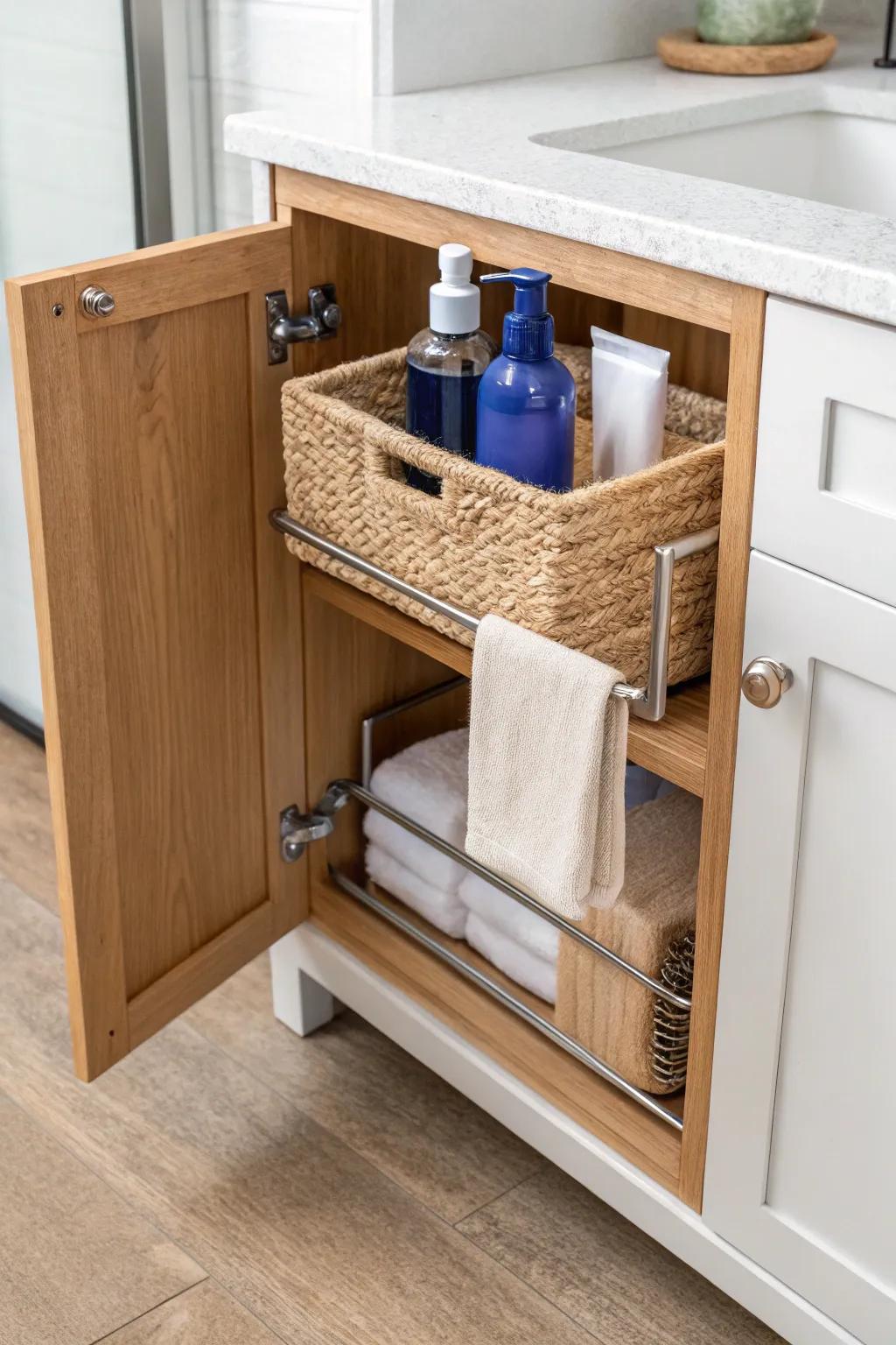 A hidden cabinet-door caddy keeps bathroom cleaning supplies tidy, grab-and-go, and clutter-free.