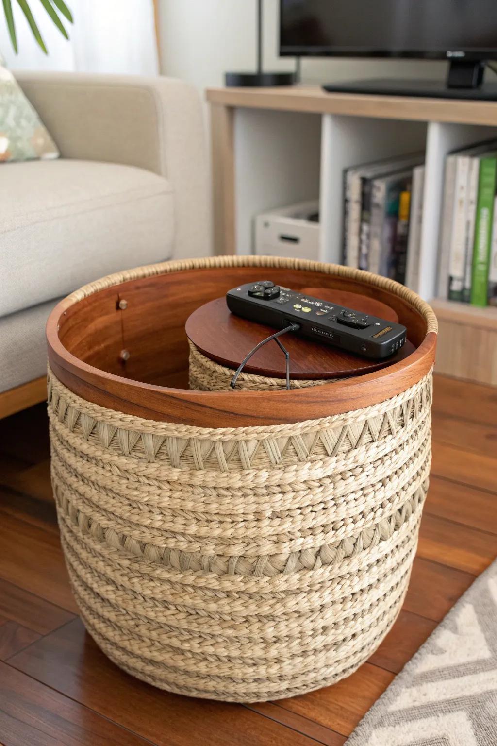 A woven basket side table with a terracotta tray top—pretty, practical, and secretly stores clutter.