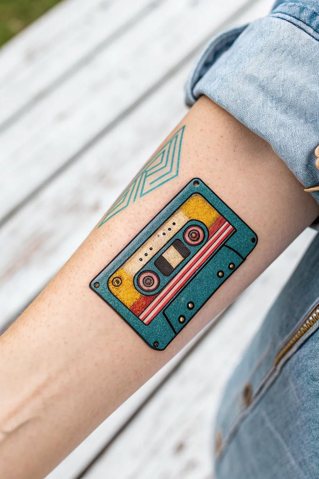 Embrace a touch of nostalgia with a chic retro cassette tape tattoo—perfect for those who love vintage vibes with a modern twist.