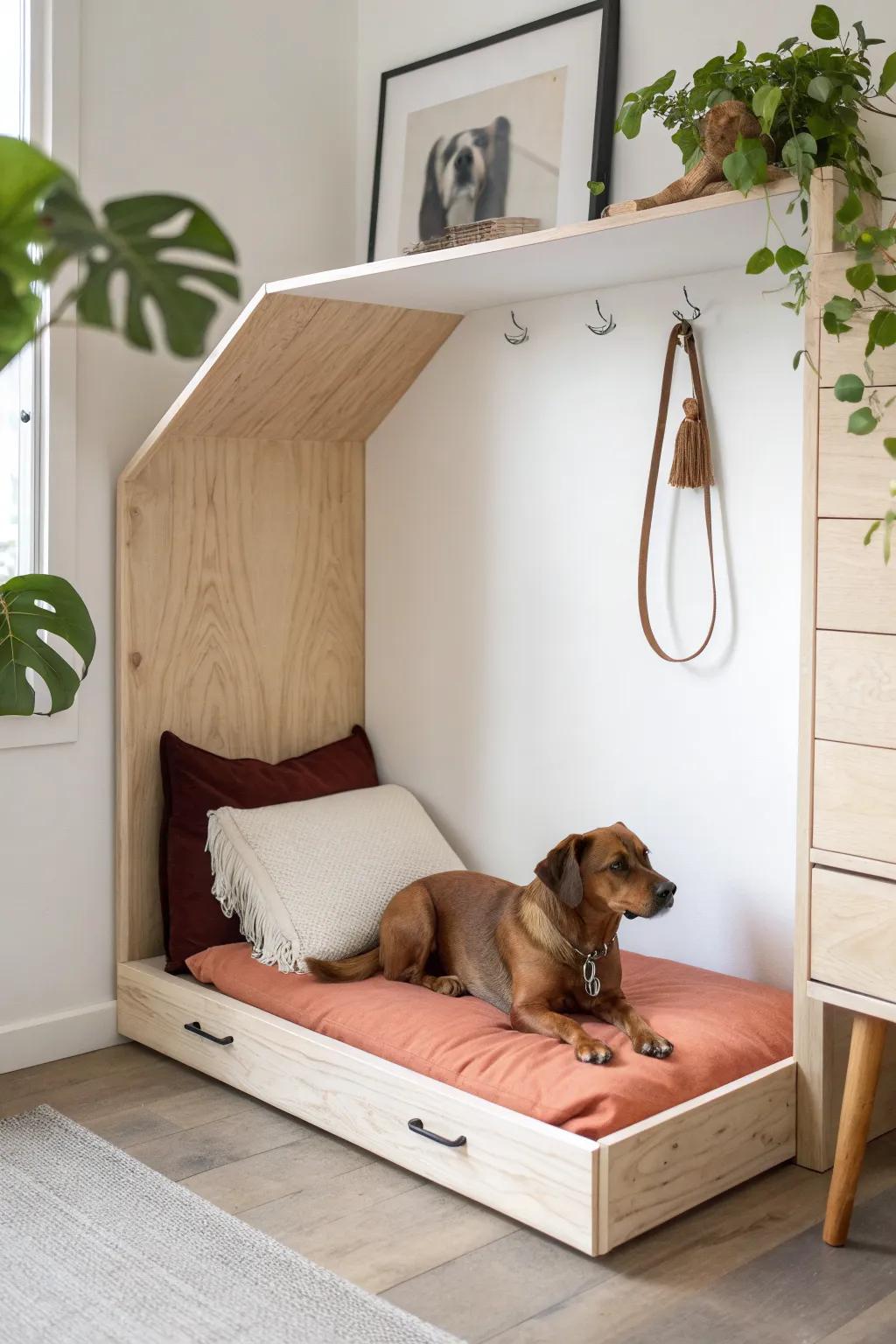 Fold-down wall dog nook: a sleek daytime panel that becomes a cozy bed ledge at night.