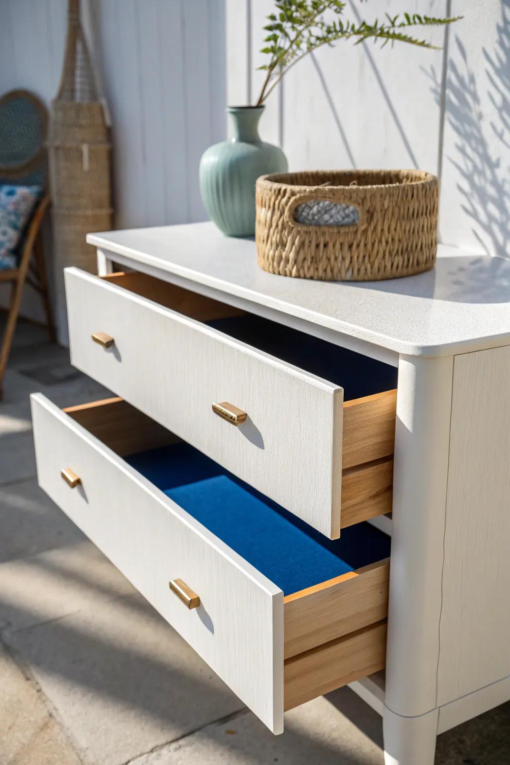 Open the drawer: a cobalt “hidden pop” turns a neutral dresser into a daily design treat.