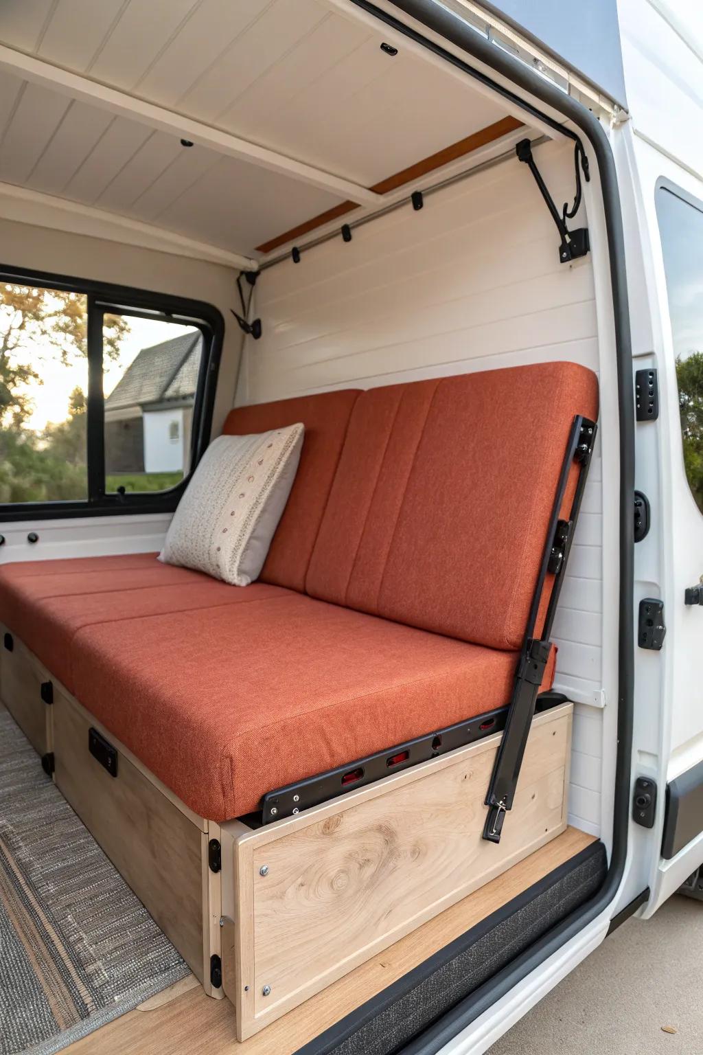 Pop-up backrest for an E-track bed—turn your tiny trailer into a cozy movie-night lounge.