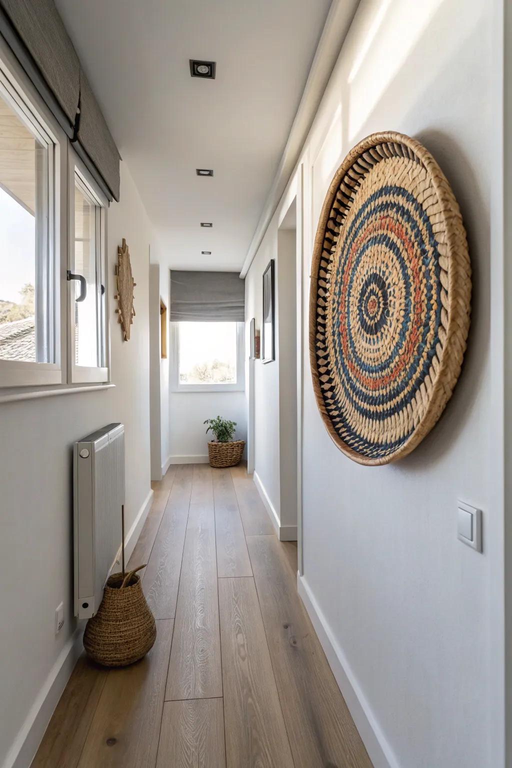 A sculptural woven wall basket turns the end of a hallway into a bold, texture-rich focal point.