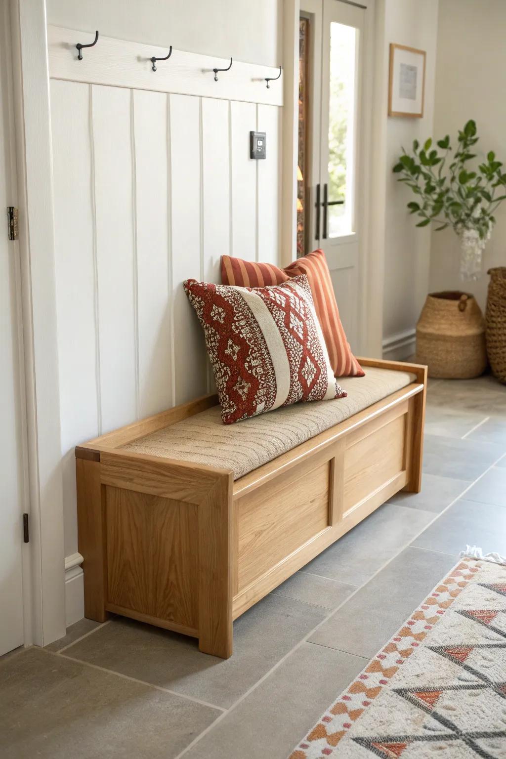 Fold-down oak bench: a tiny hallway’s secret weapon for shoes—then it disappears flat.