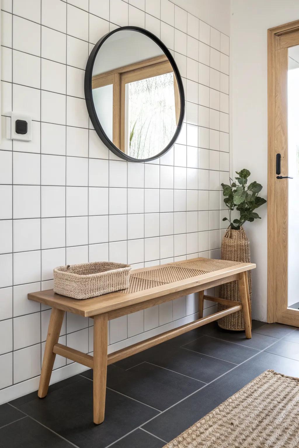 Mirrored tiles behind a slim oak bench add dramatic depth to the tiniest entryway.