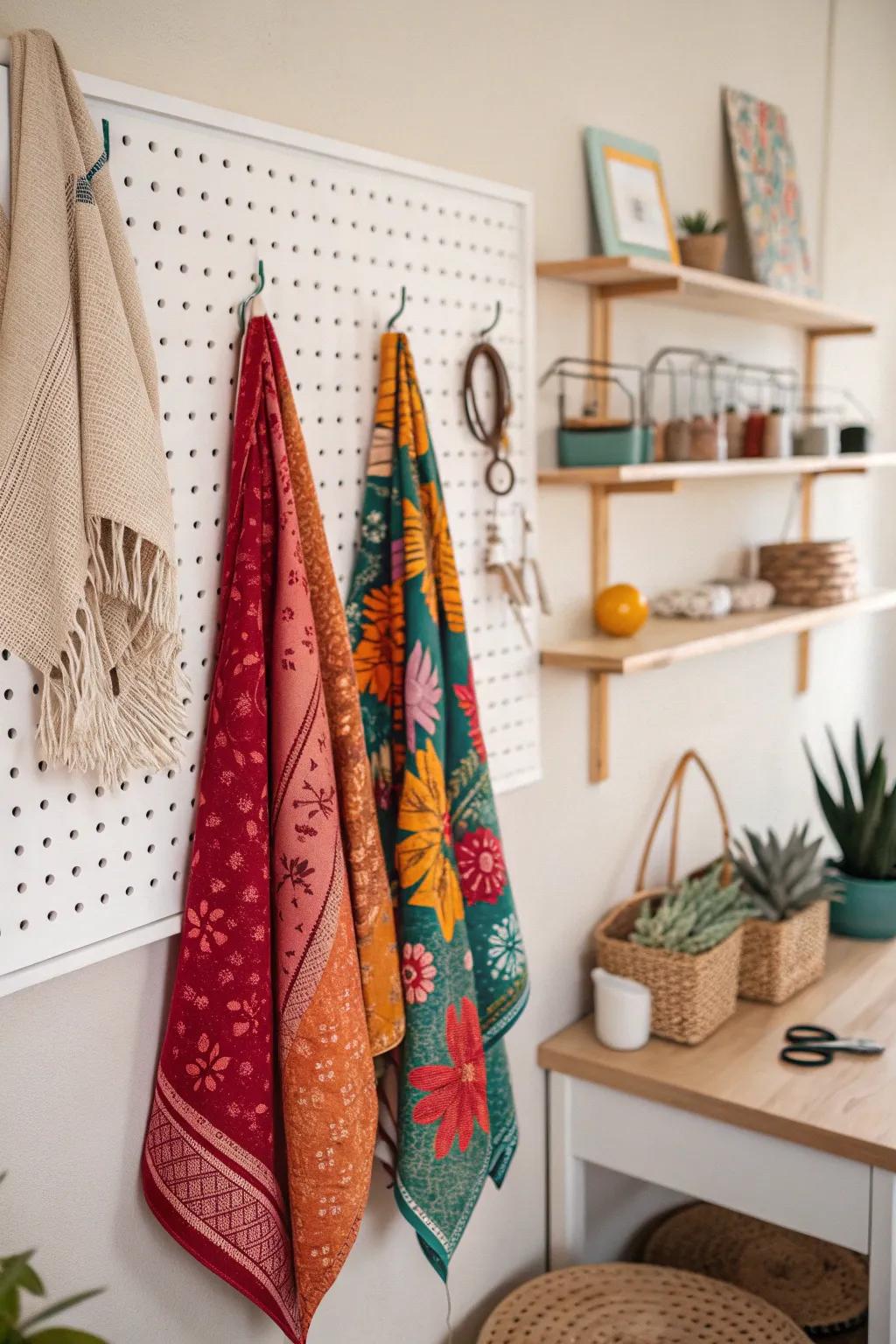 Transform your space with a stunning pegboard fabric display that's both functional and fashionable.