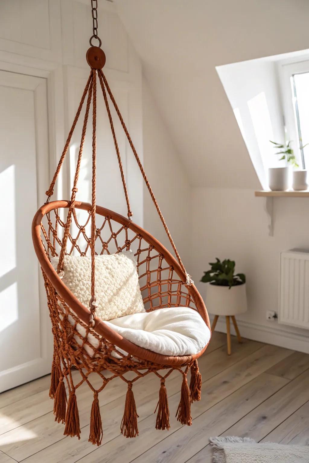A bold hanging chair adds a wow moment—seat without the floor-space sacrifice, ever.