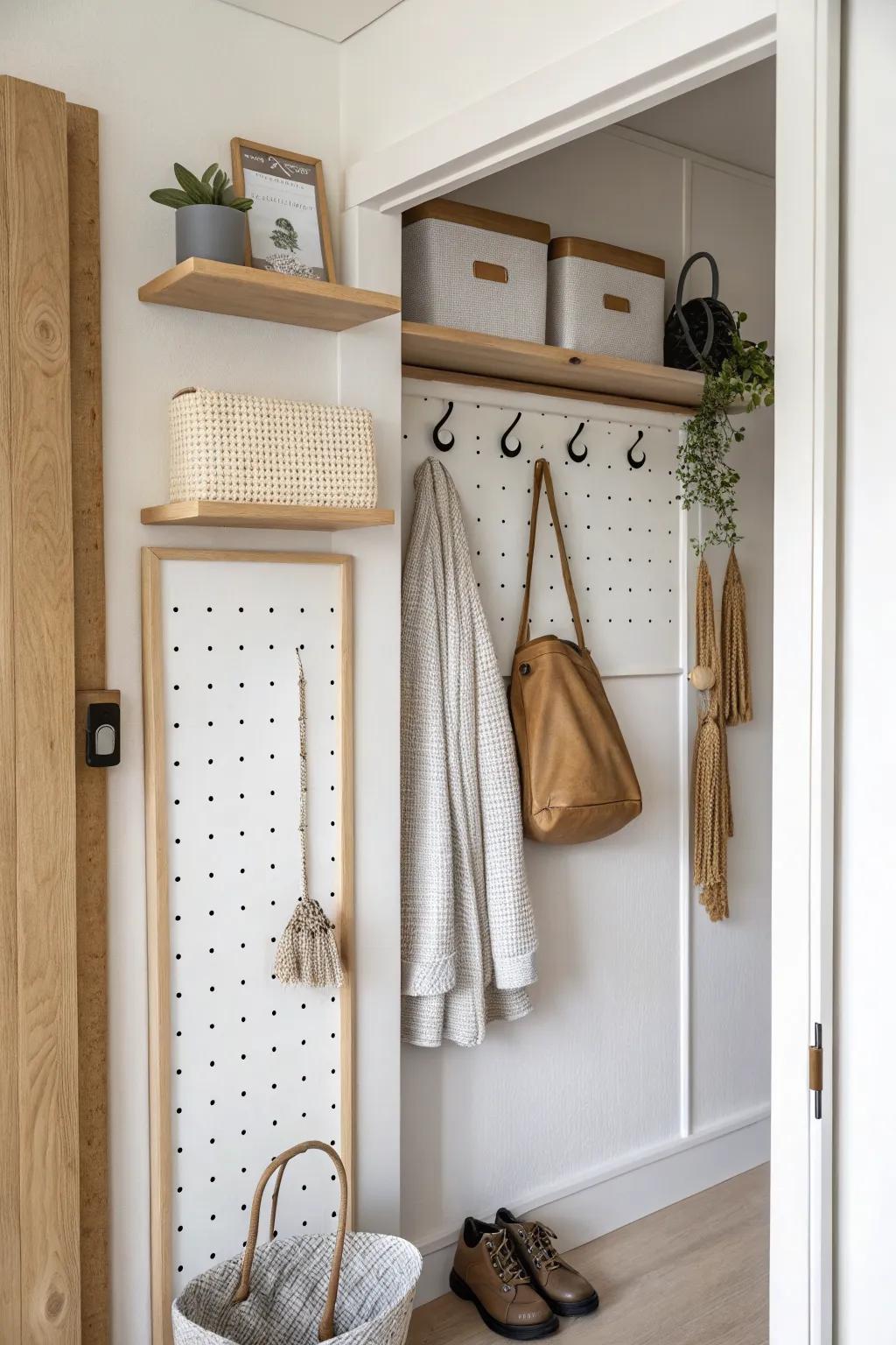 A side-wall pegboard makes tiny foyer closets work harder—perfect for those odd essentials.