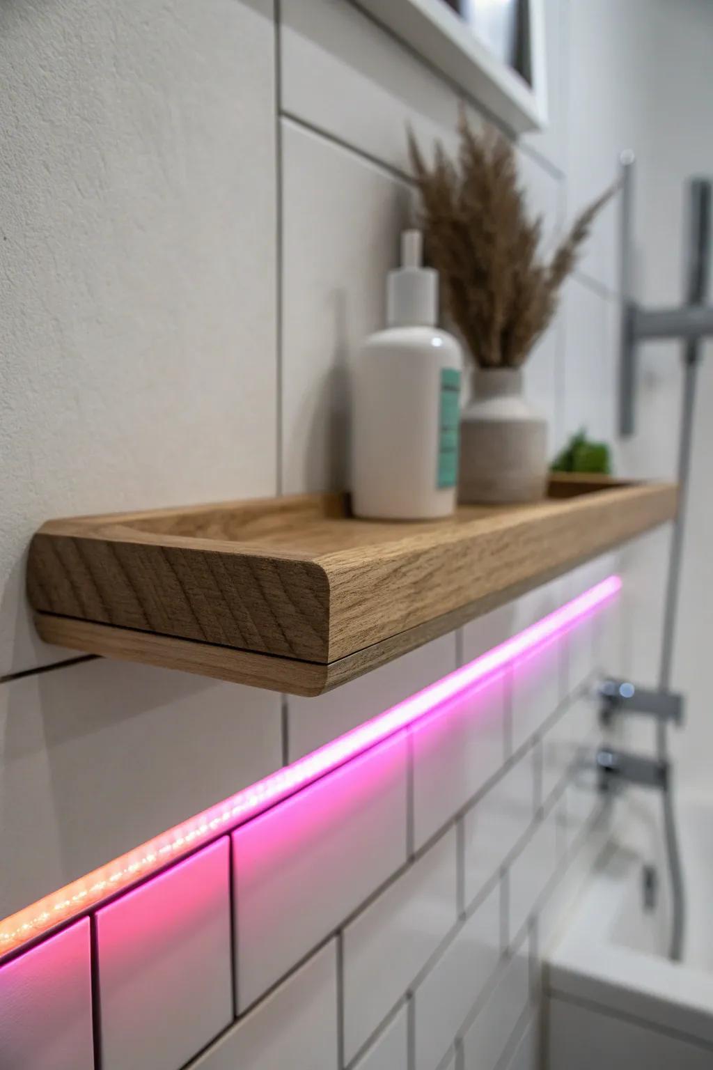 Tiny bathroom, big mood—an under-shelf color LED glow turns late-night trips into party mode.