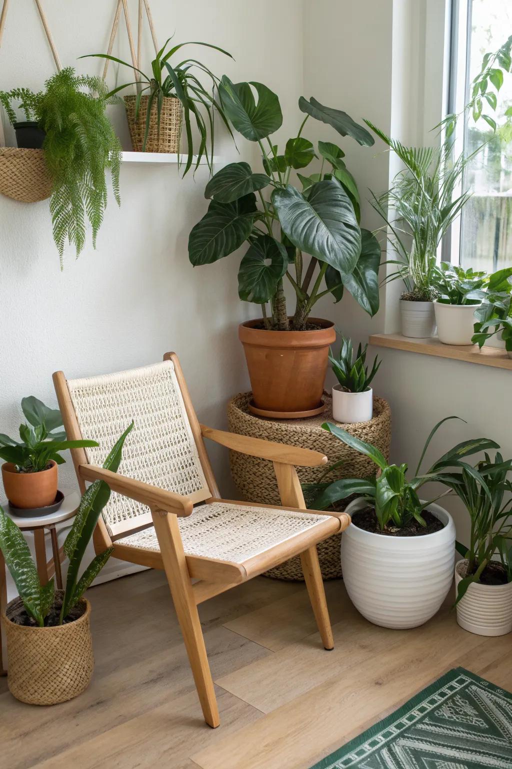 One chair, a cascade of pots—turn that awkward corner into your tiny indoor jungle retreat.
