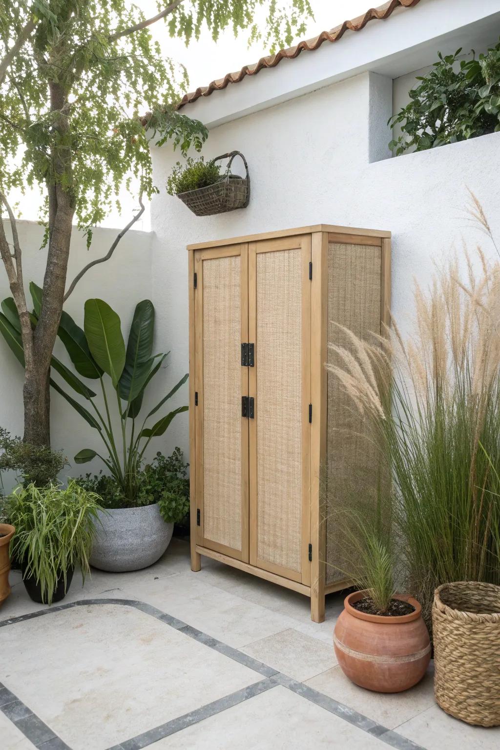A storage cabinet that disappears into greenery—secret patio storage with a lush, calm look.