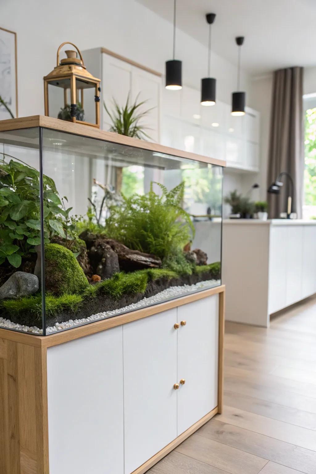 A half wall turned into a built-in aquarium/terrarium—instant art that divides without closing in.