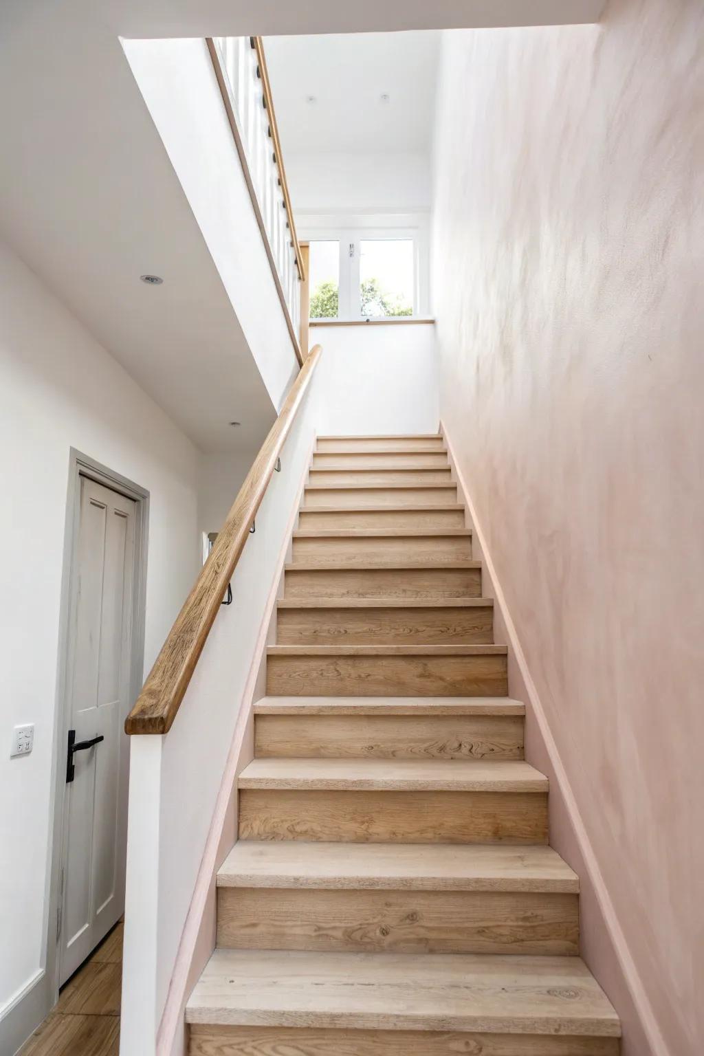 Blush-painted stairwell ceiling: a chic overhead feature that adds drama without stealing space.
