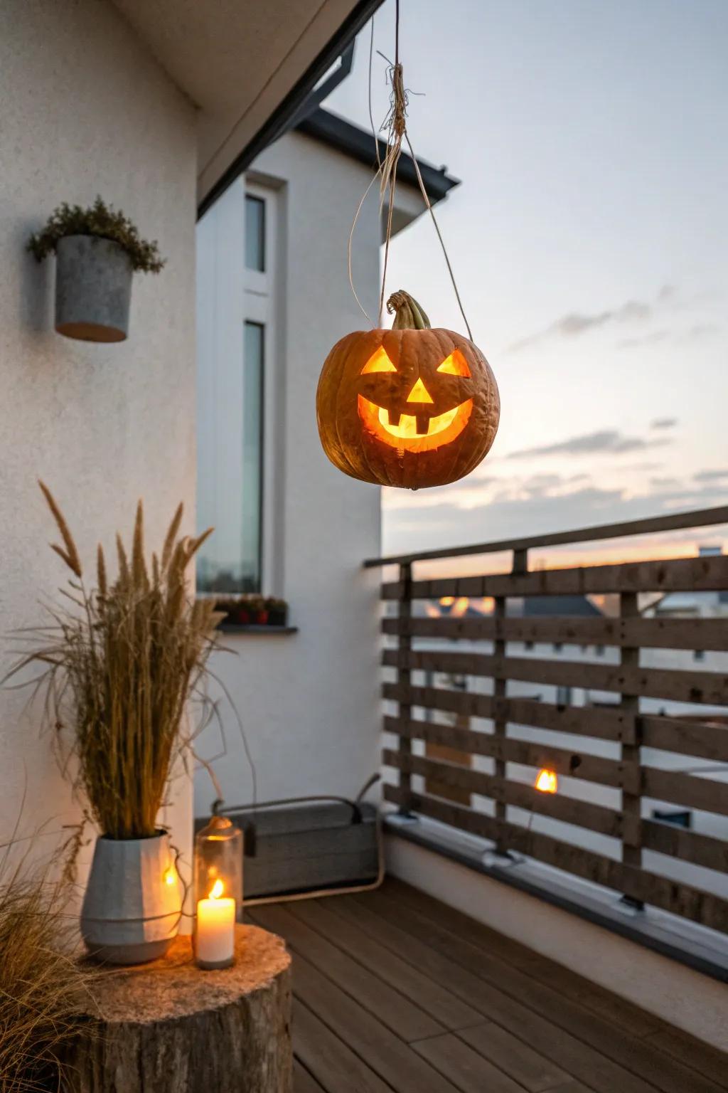 A single glowing “floating” jack-o’-lantern for instant balcony wow—minimal space, max magic.