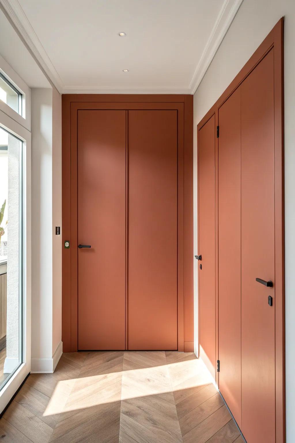 A flush, wall-painted closet door with a shadow-gap reveal—calm, hidden storage in the hall.