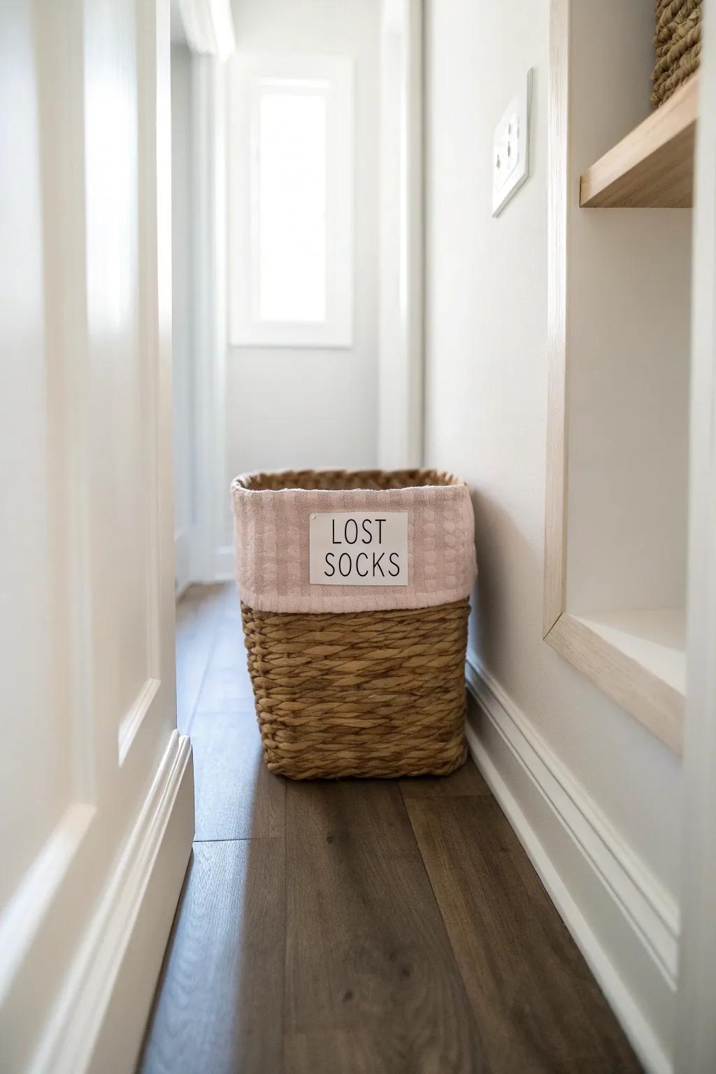 A tiny “Lost Socks” bin that keeps your hallway laundry closet calm, clean, and clutter-free.