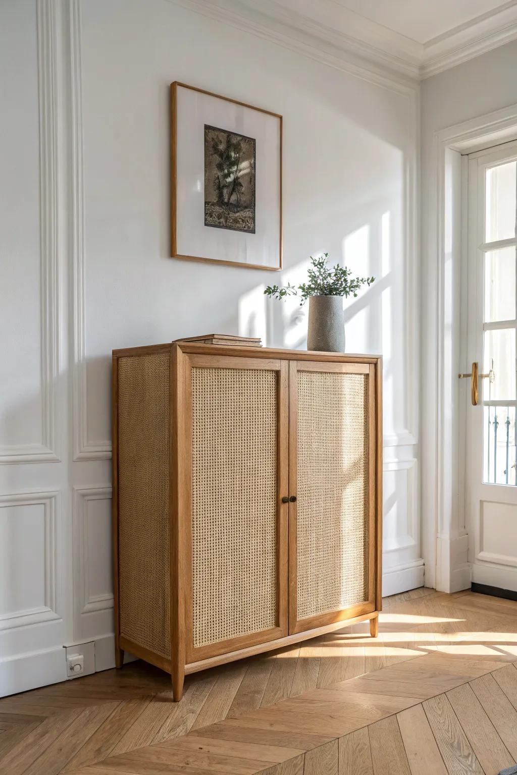 A shoe cabinet that looks like art—slim, textured, and beautifully hidden in your hallway.