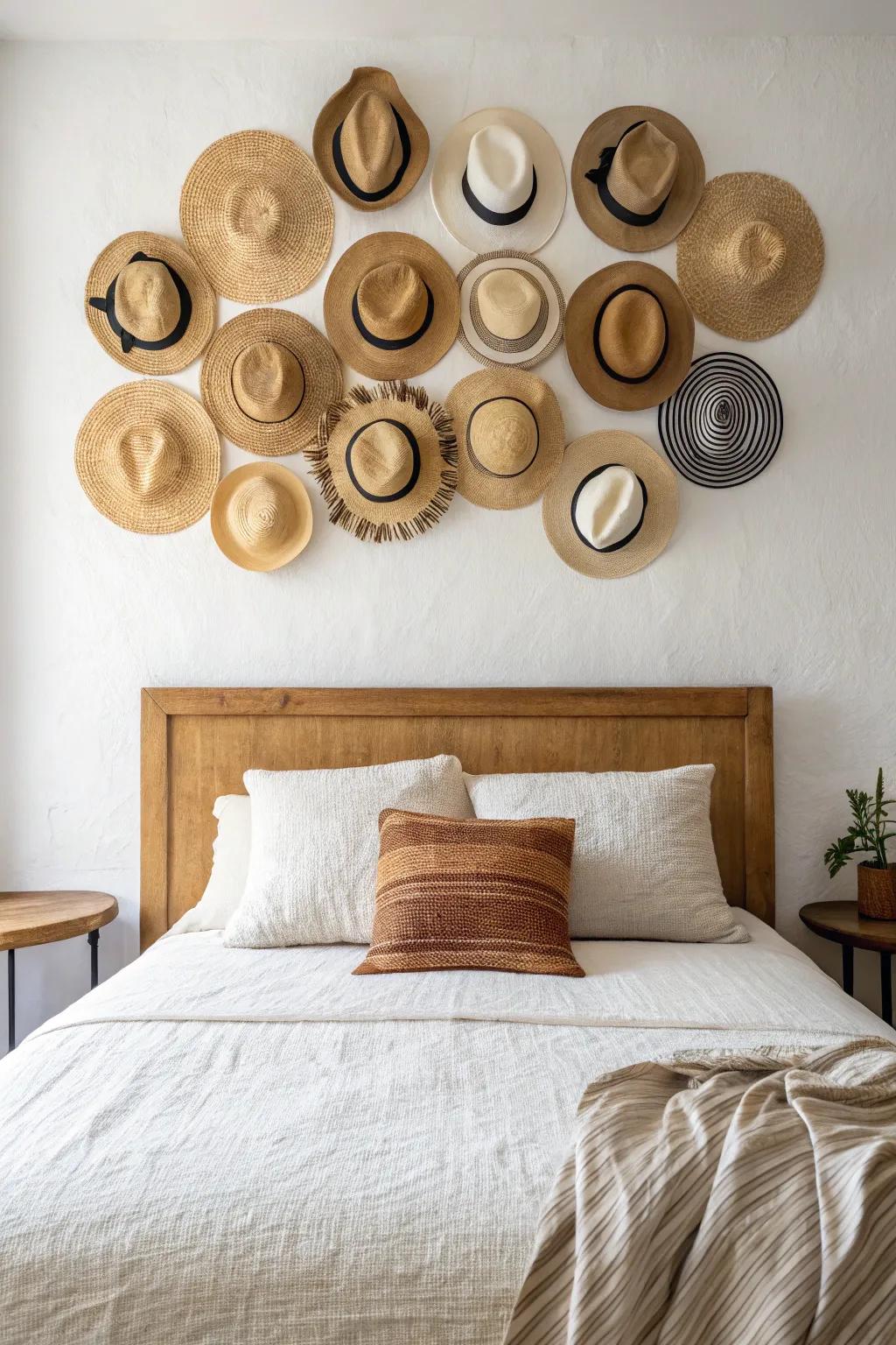 Hat headboard feature wall: wide-brim hats + caps create bold texture in a tiny bedroom.