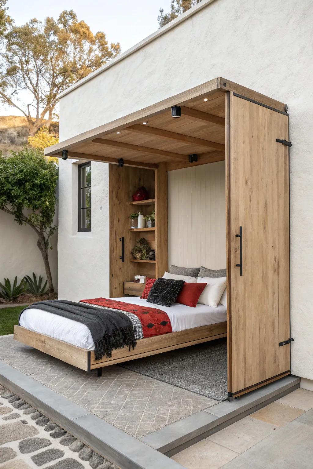 Fold-down patio bed: a sleek wall panel by day, boutique staycation comfort when opened.