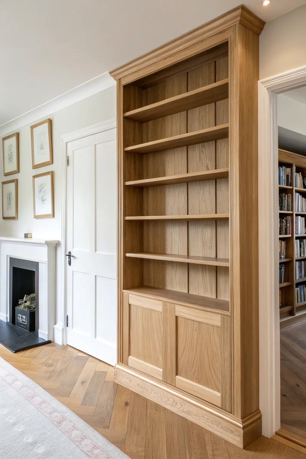 A secret built‑in bookcase wall that swings open to hide the furnace & water heater—pure magic.