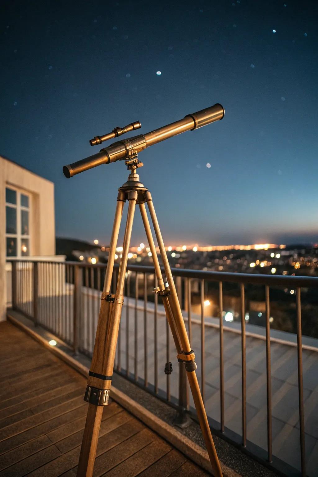 Brass telescope on a high-rise balcony—minimalist stargazing nook with warm city glow.