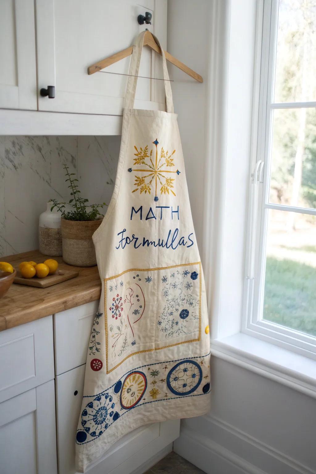 Elevate kitchen creativity with a handcrafted math formula apron, where simplicity meets bold beauty.