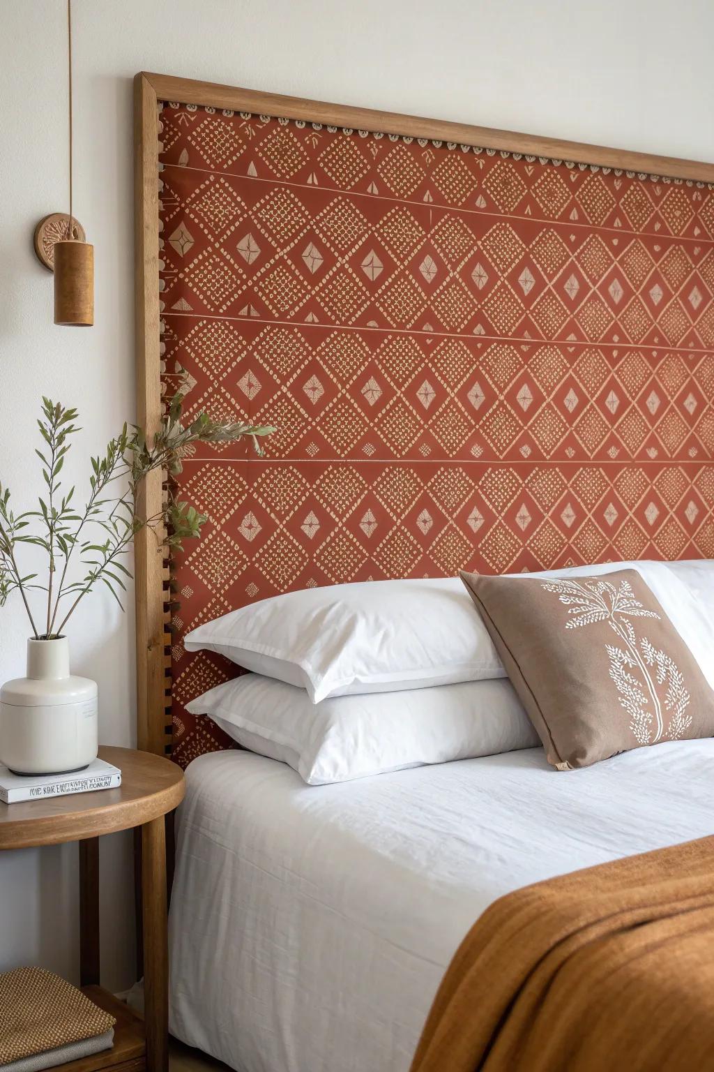 Fake a boutique-suite headboard with a taped fabric panel—bold color, zero commitment.