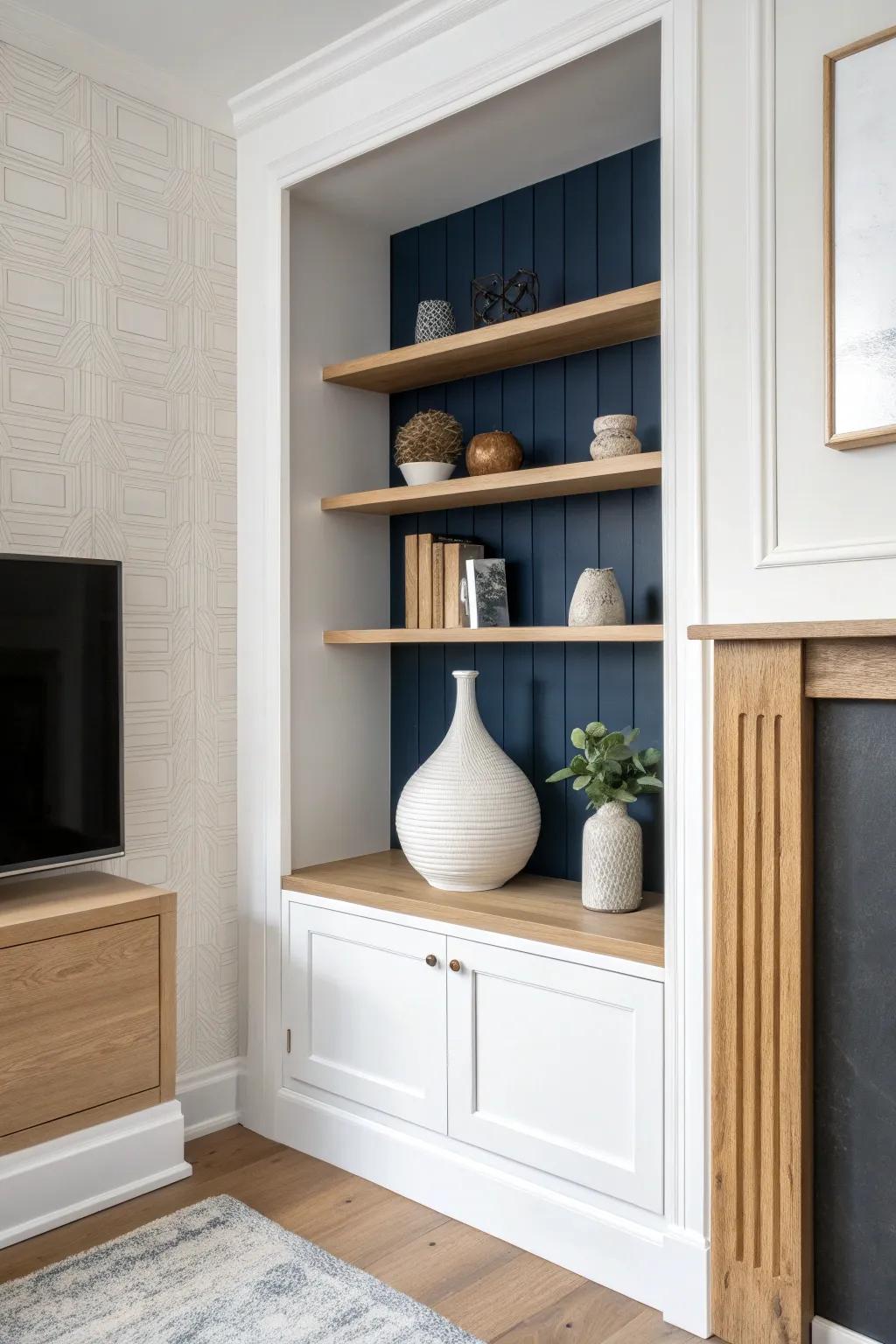 Paint built-in shelf backs a deep shade for instant depth, contrast, and designer-level drama.