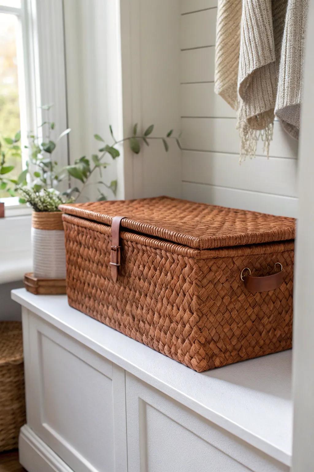 Create a calm closet: use a long bin as a false back to tame extra-deep shelves.