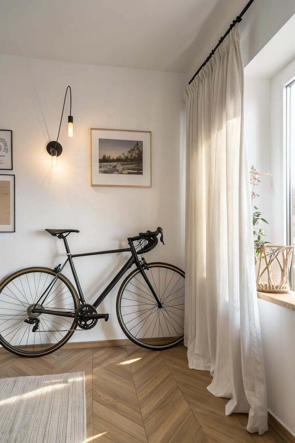 Turn bike storage into decor—mount it like art and add a warm spotlight for drama.