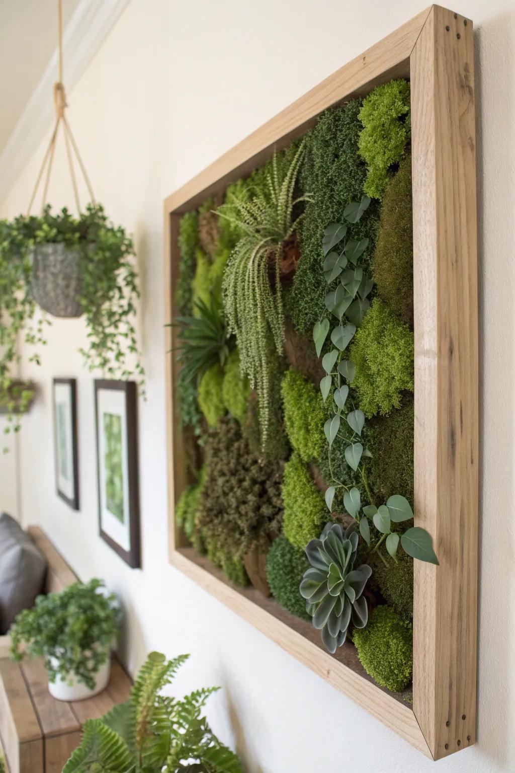 A lush framed moss panel with tiny planter pockets—designer impact for small-space walls.