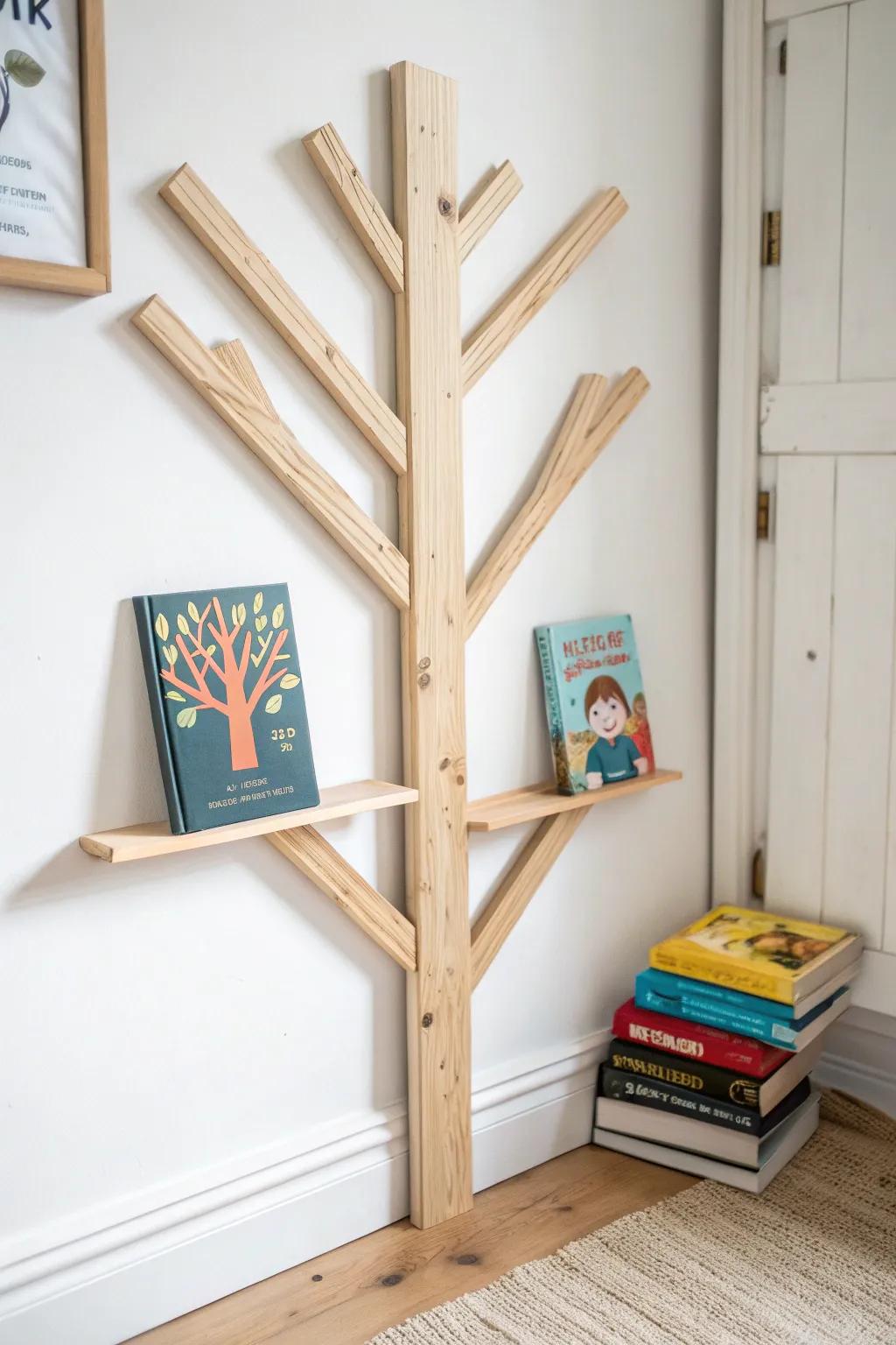 Tree-shaped wall shelf makes kids’ books look like art—perfect storage for small-space play corners.