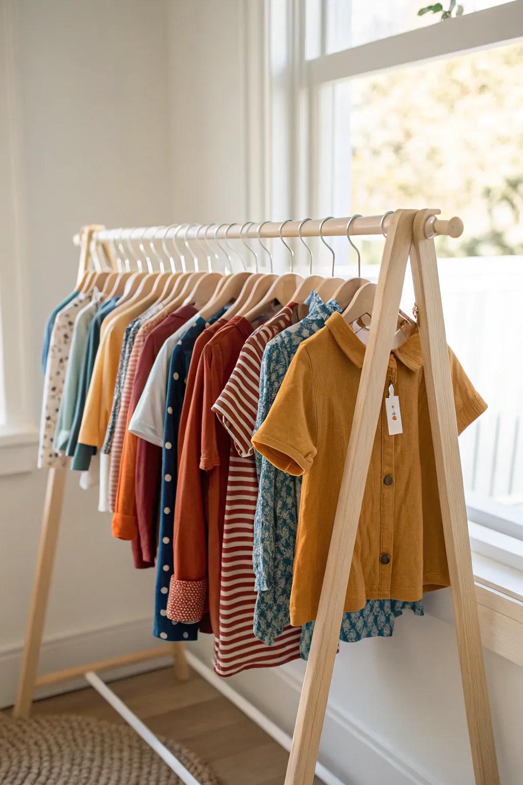 A mini “closet library” with front-facing outfits so kids can choose fast—no closet chaos.