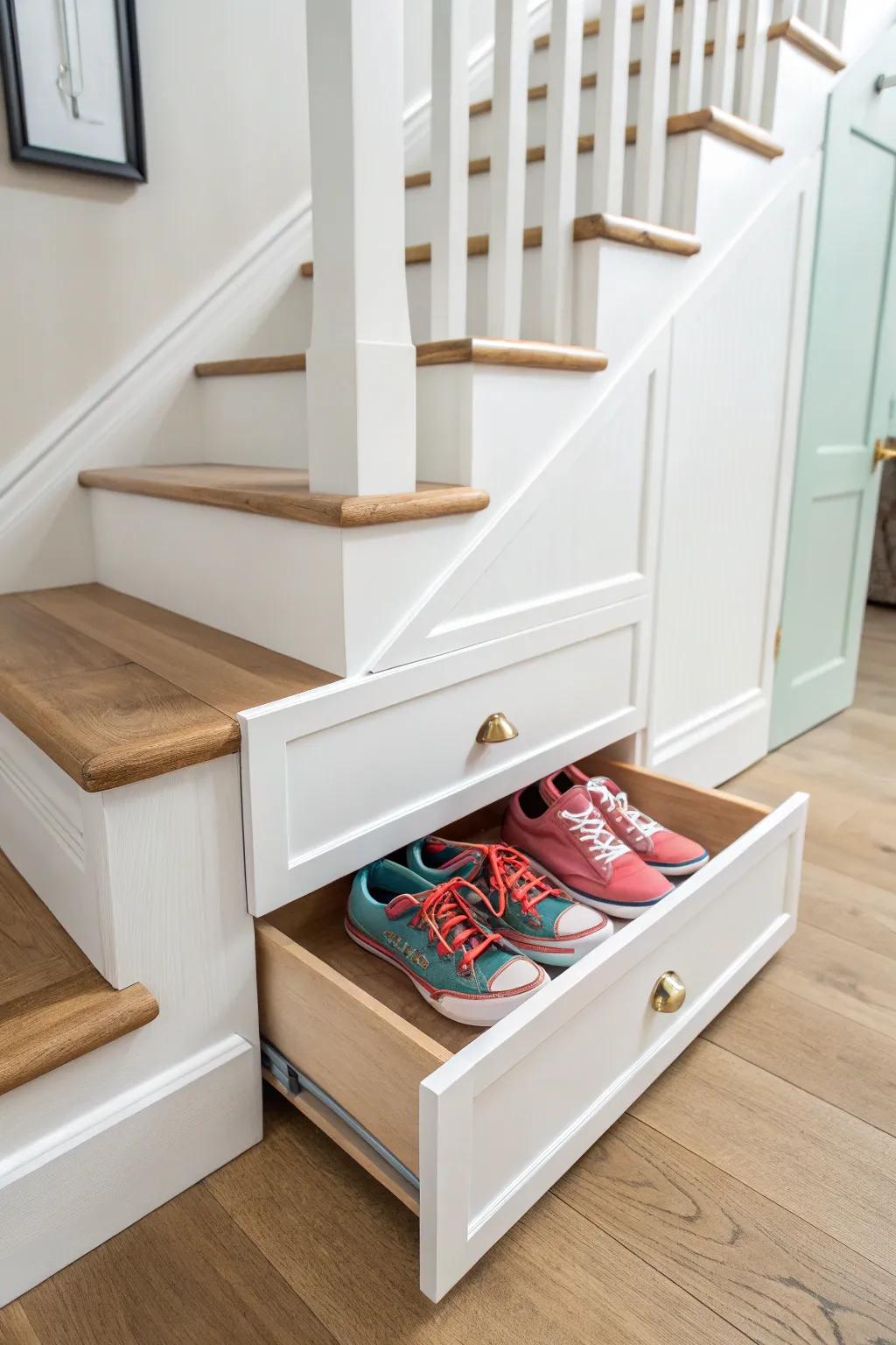 A hidden stair-riser drawer keeps kids’ shoes organized in the most unexpected spot.
