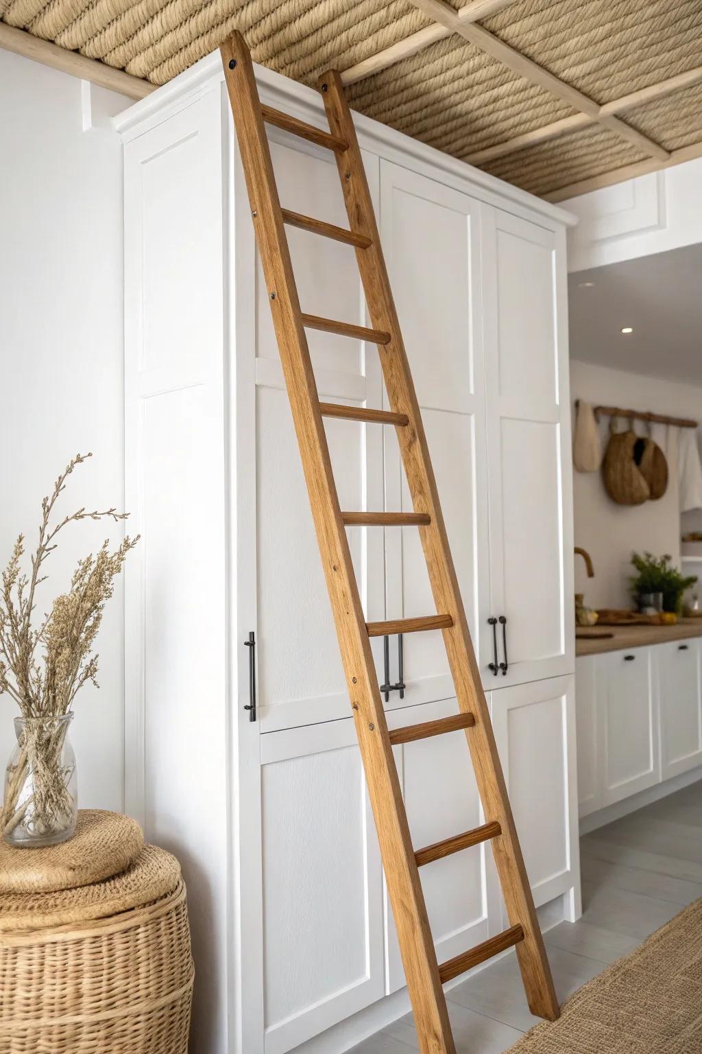 Handcrafted sliding ladder: the chic loft trick that makes tall cabinet gaps usable.
