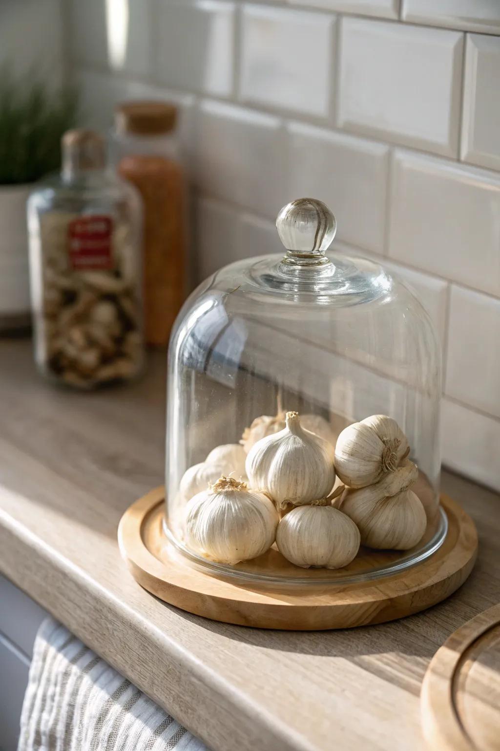 A glass cloche over garlic turns a practical kitchen corner into a curated little moment.
