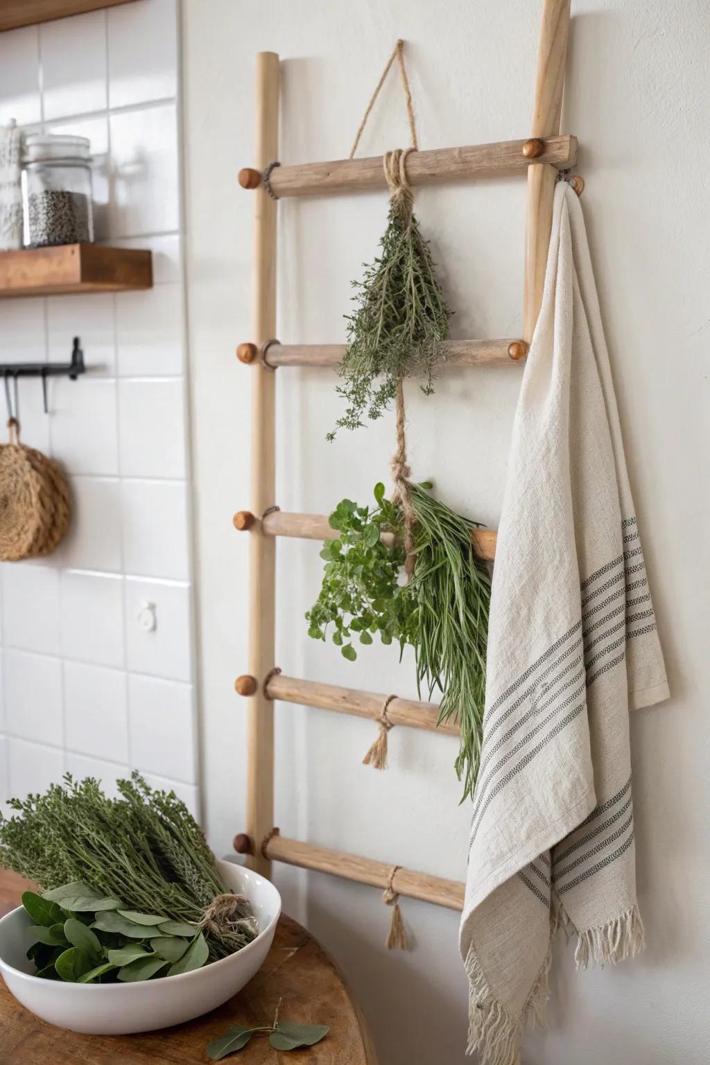 A hanging herb ladder that doubles as chic wall storage—minimal, warm, and beautifully practical.