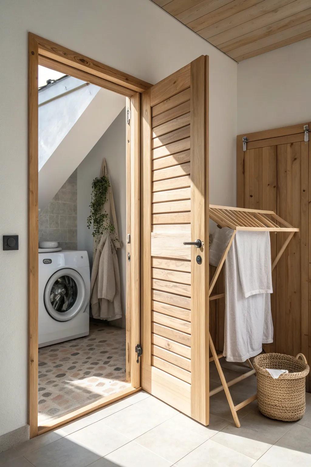 A slatted door hides a drying rack—airy, quiet, and beautifully minimal for small laundry nooks.