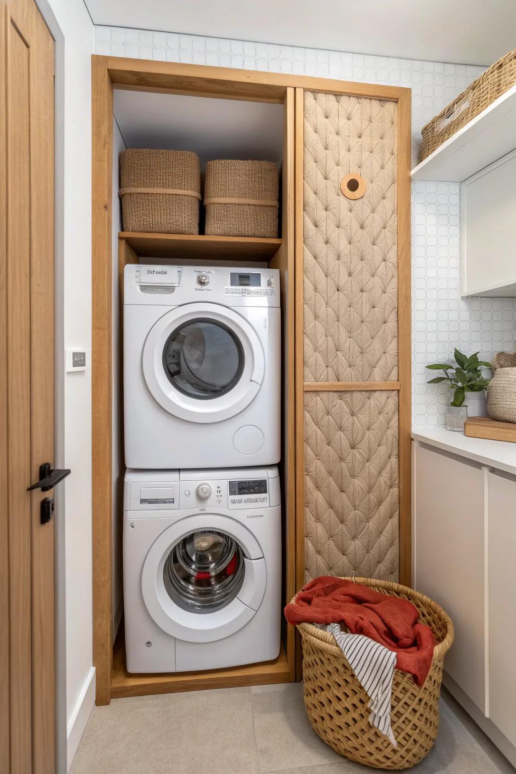 Quiet the spin cycle: felt-lined panels and a snug surround for stacked washer-dryer calm.