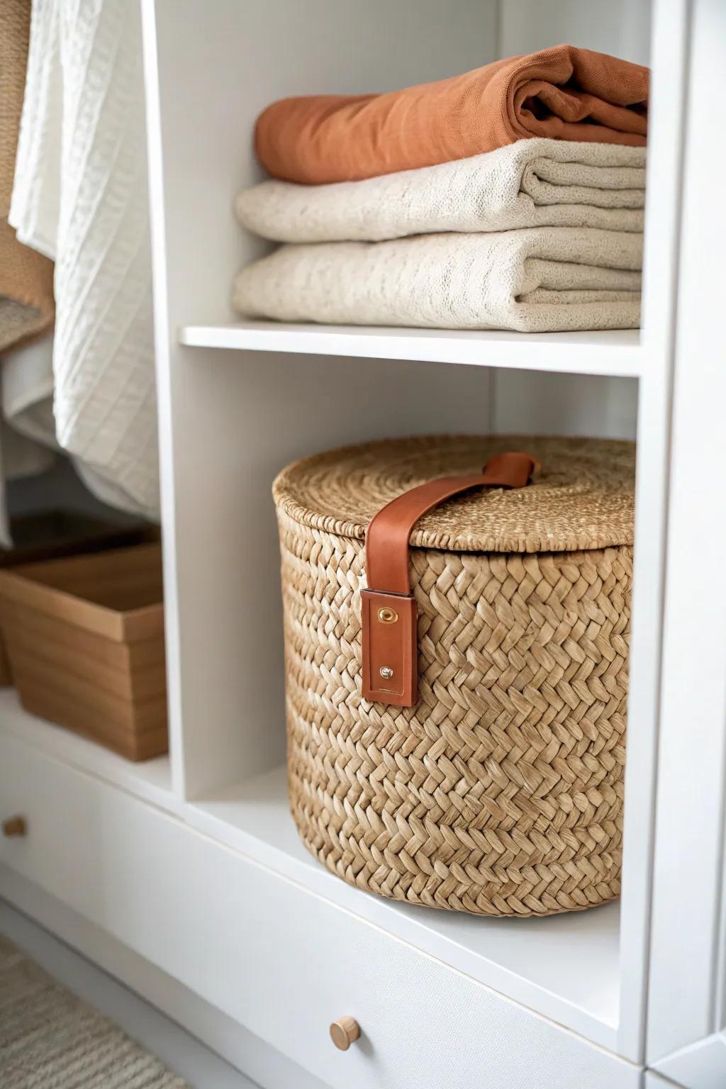 Slide-forward woven bin reveals a hidden back shelf—perfect for extra pillowcase overflow in your linen closet.