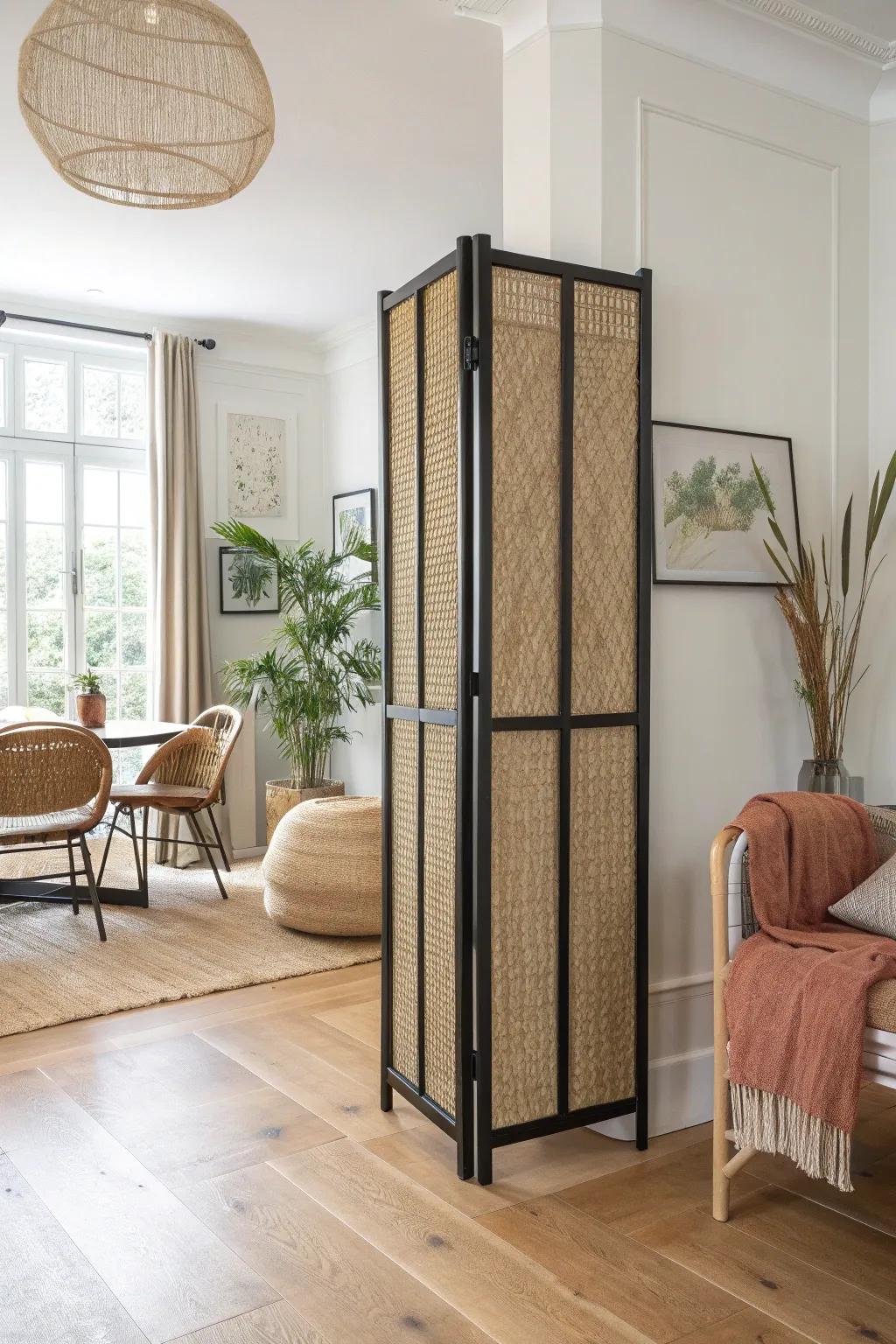 A mirrored folding screen divides living & dining—while doubling light in a small space.