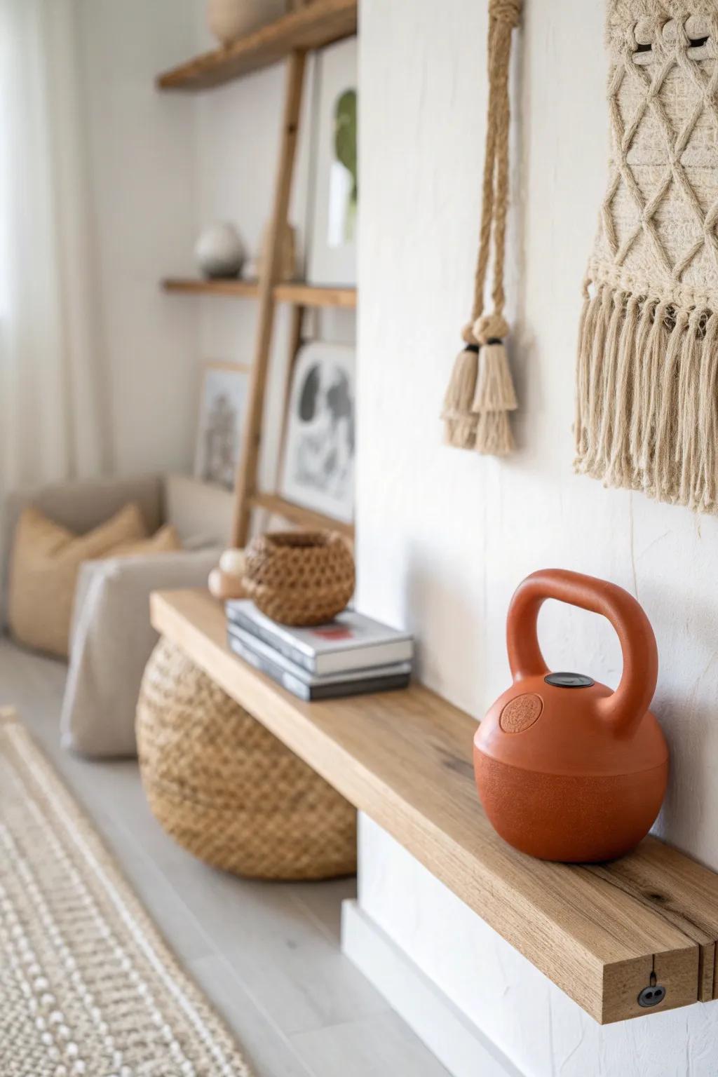 Sculptural weights on a floating shelf turn your living room gym corner into decor.
